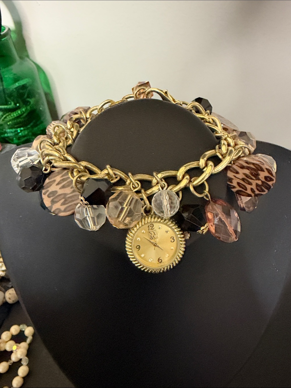 NY&Co Gold Charm Bracelet Watch Leopard Bead Accents Needs Battery
